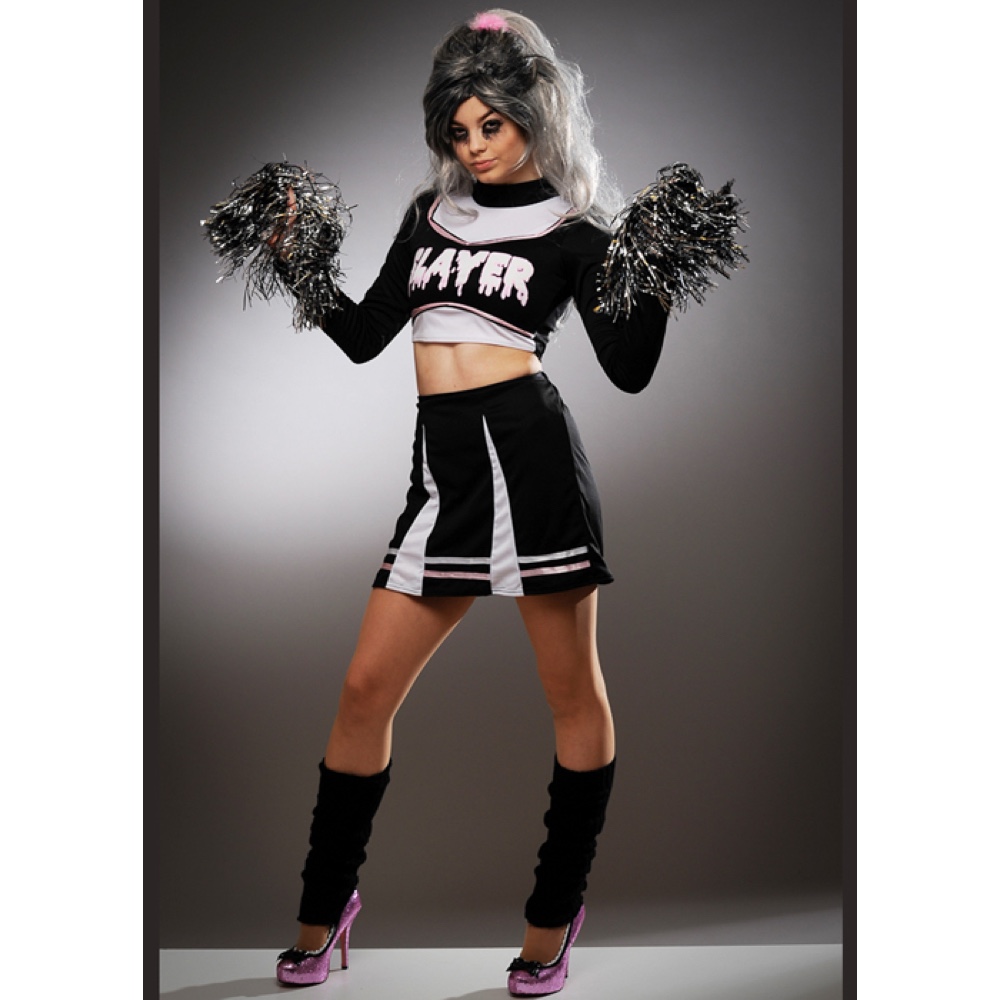 Goth Cheerleader Costume - Sexy Cheerleader Fancy Dress for Halloween - Pom Poms